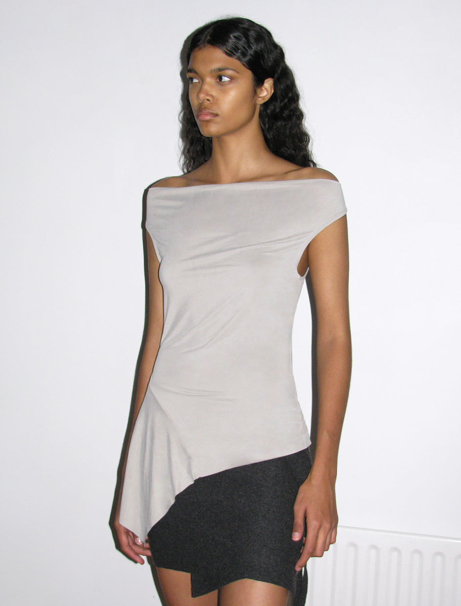 AMAPOLA-Grey asymmetric off-shoulder cupro top