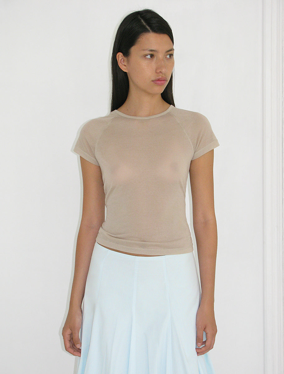 OMU-Beige delicate, slightly sheer top with PW embroidery