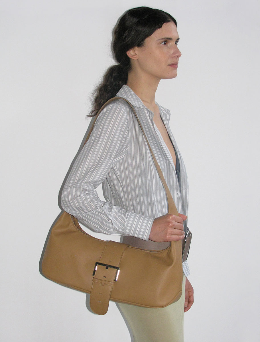 BIG LEONORA-Brown big rounded side shape shoulder bag large buckle