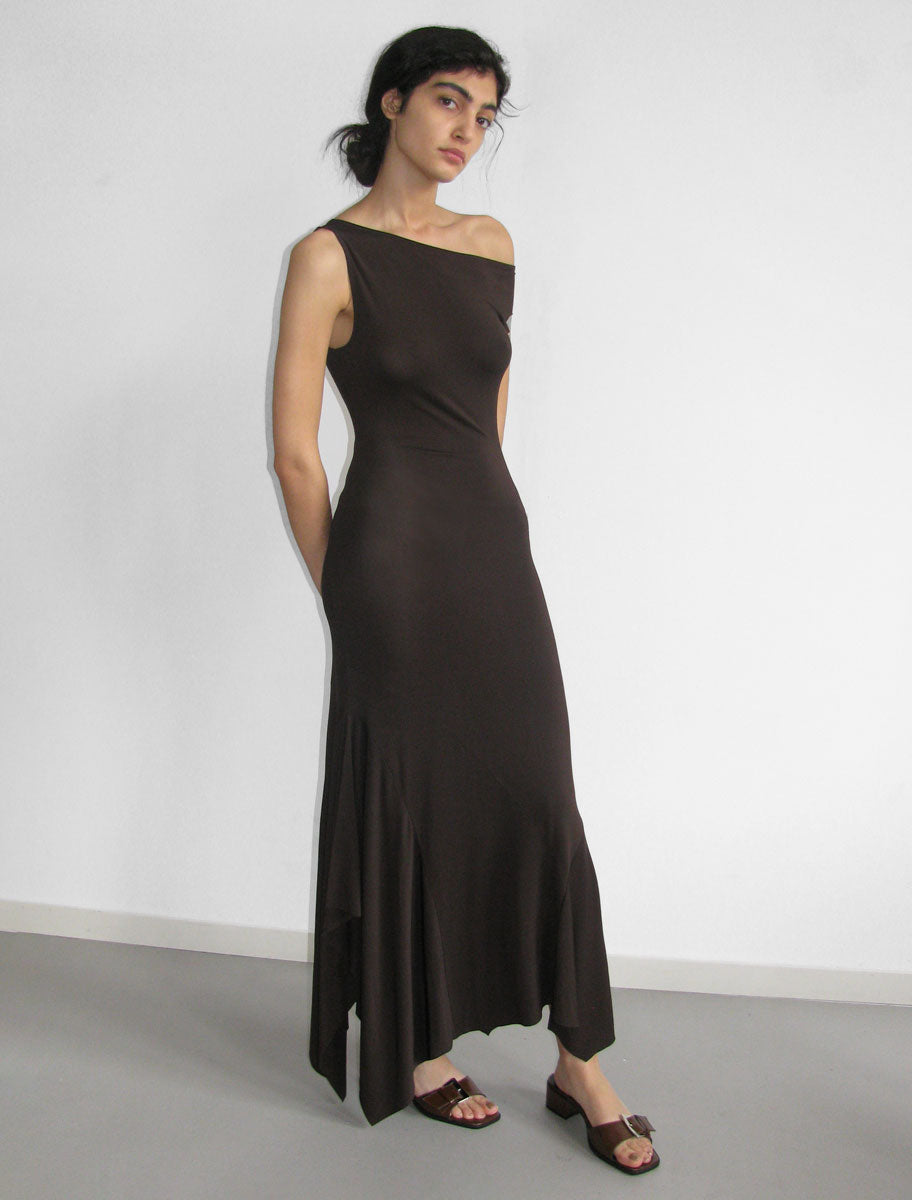 YAUSI-Viscose long dress with asymmetric shoulders and flared bottom