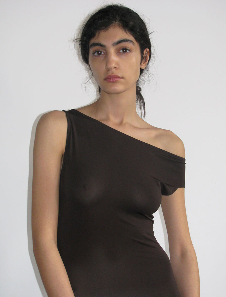 YAUSI-Viscose long dress with asymmetric shoulders and flared bottom