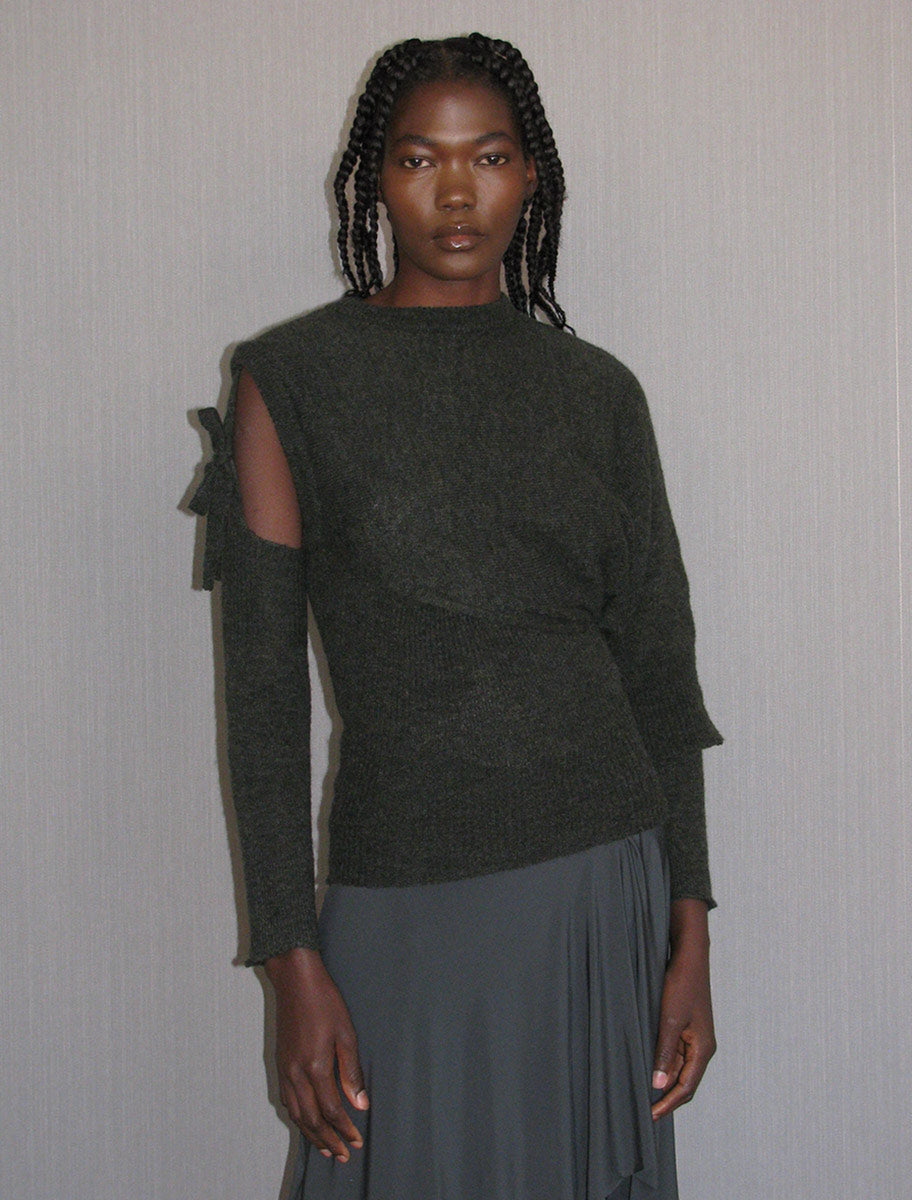 Carlita soft asymmetric knitted top detachable sleeves khaki