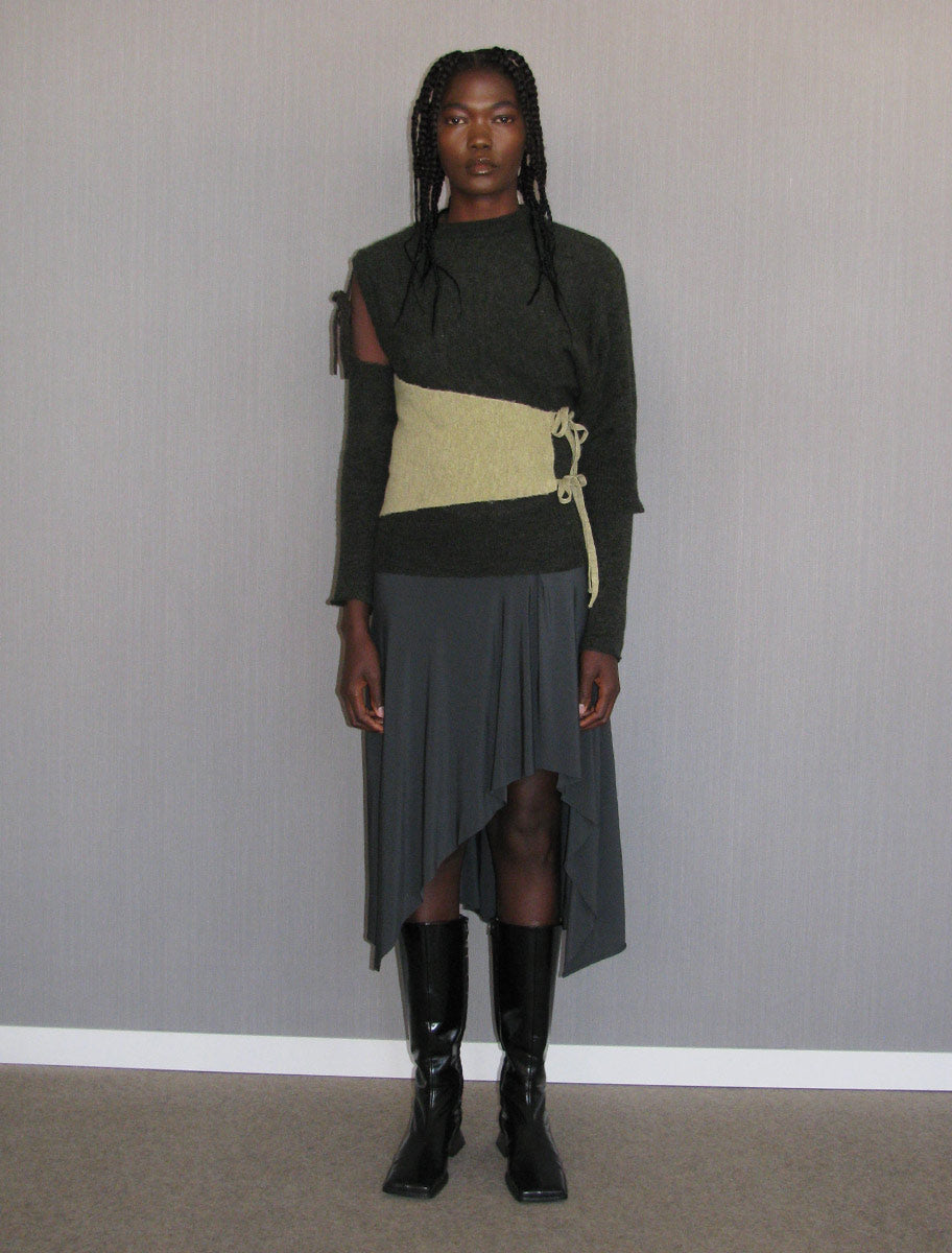 Carlita soft asymmetric knitted top detachable sleeves khaki