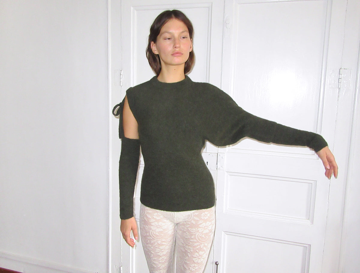 Carlita soft asymmetric knitted top detachable sleeves khaki
