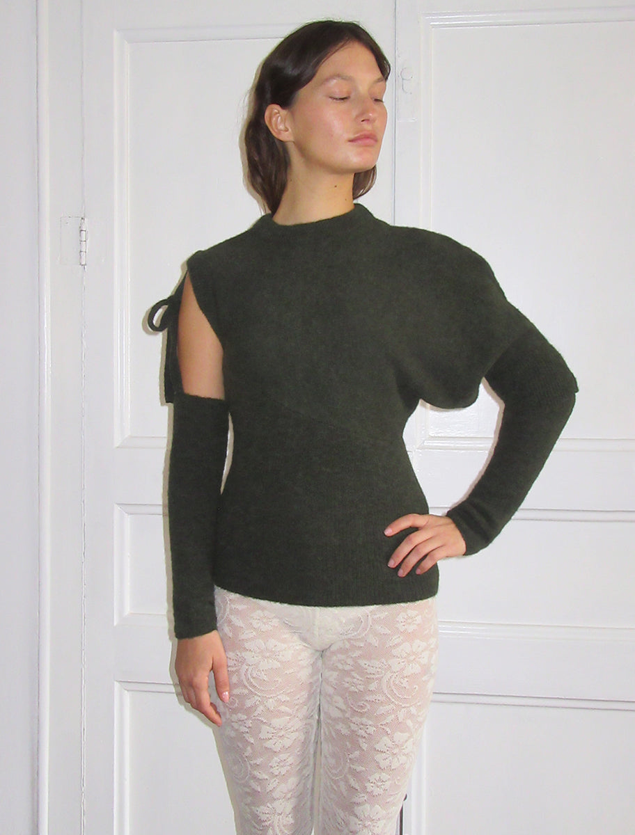 Carlita soft asymmetric knitted top detachable sleeves khaki