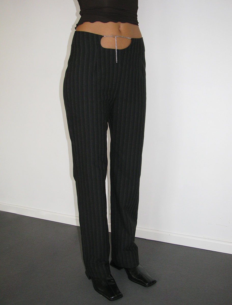 MOONLESS- Asymmetric front opening pants with chain detail